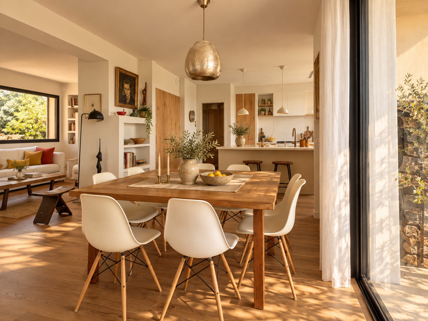 Salle à manger baignée de lumière dorée