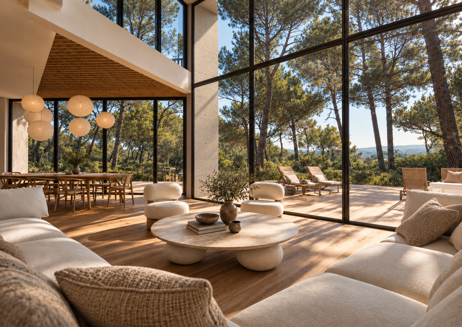 Salon contemporain face à la forêt sylvestre